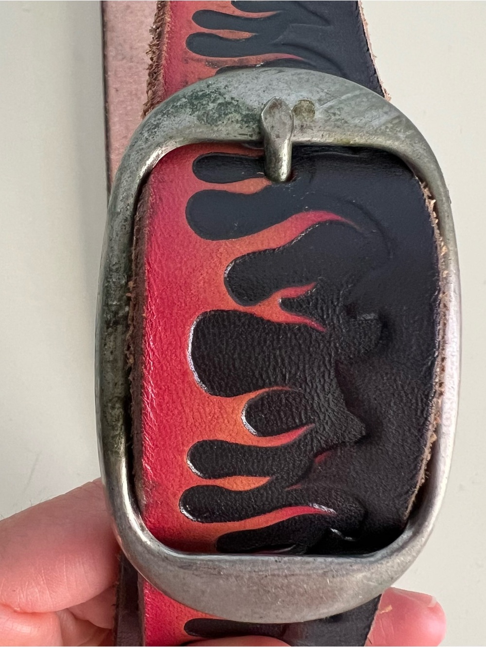 Y2K Flame Leather Belt Red Black Tooled Western Biker Belt Size 30 Made in USA - Picture 4 of 7